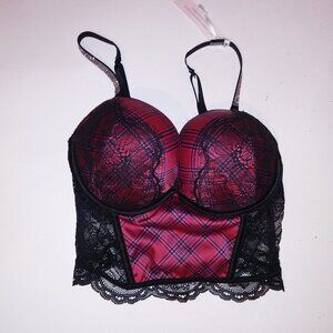 Victoria Secret Bra 32D Bombshell Push Up Red Black Plaid Shine Strap Lace Bling